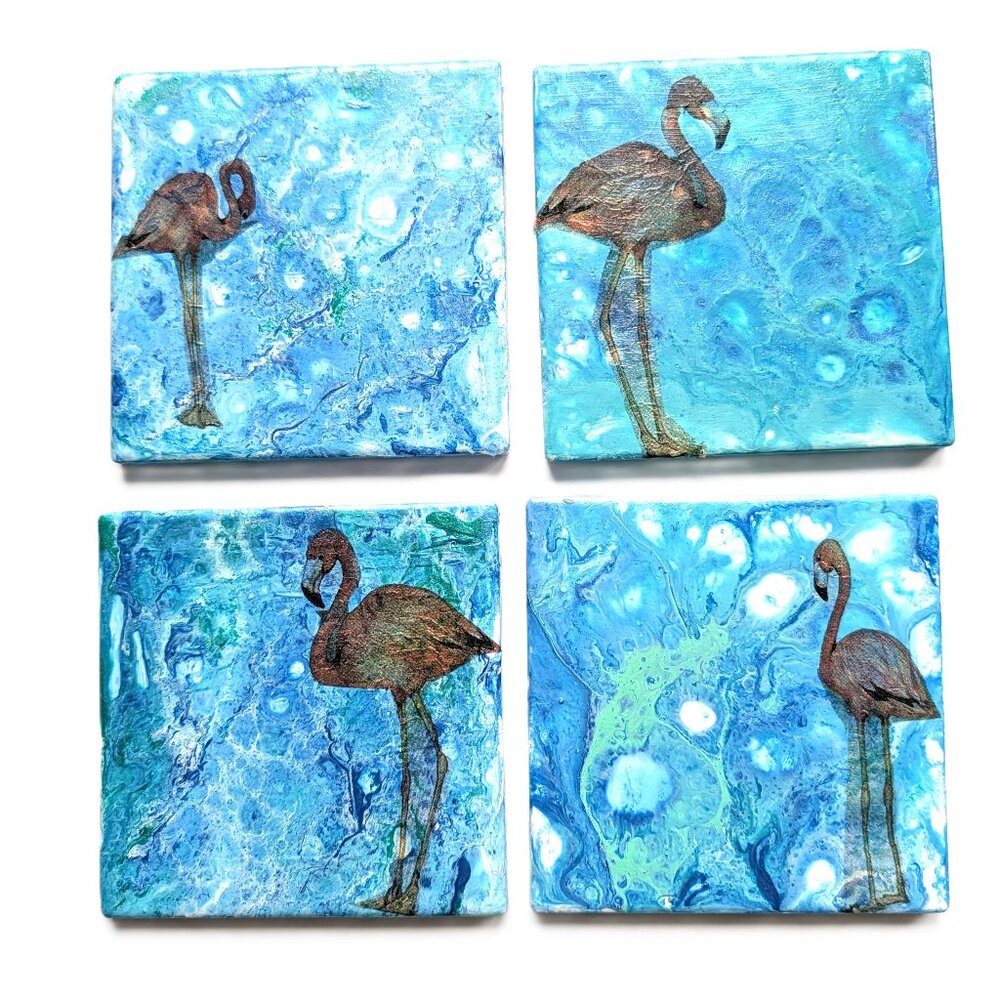 Flamingo Themed 4" Ceramic Coasters or Decoration Hand-Decorated and OOAK